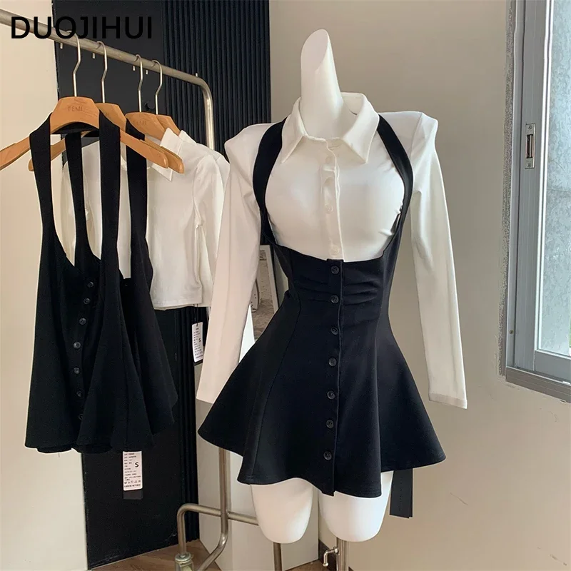 DUOJIHUI ツーピース新セクシーなシックなホルター女性のドレスベーシックポロネックファッションボタンシャツスリムシンプルな A ライン XS-L 女性のドレス