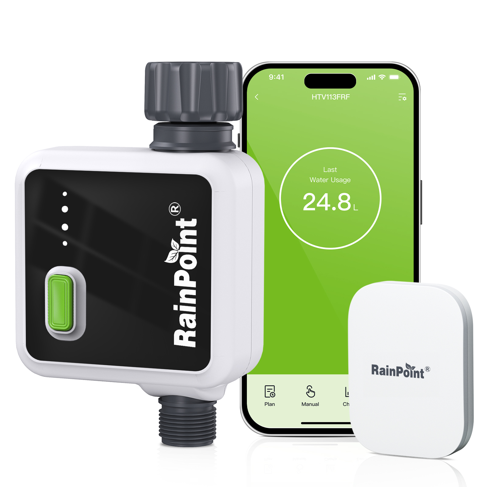 RAINPOINT 1ゾーンワイヤレススマートウォータータイマー ハブ付きガーデンホース用 屋外スプリンクラー灌漑雨遅延、APPリモートコントロール WiFiバルブ 蛇口用 自動スケジュール 芝生、裏庭、プール