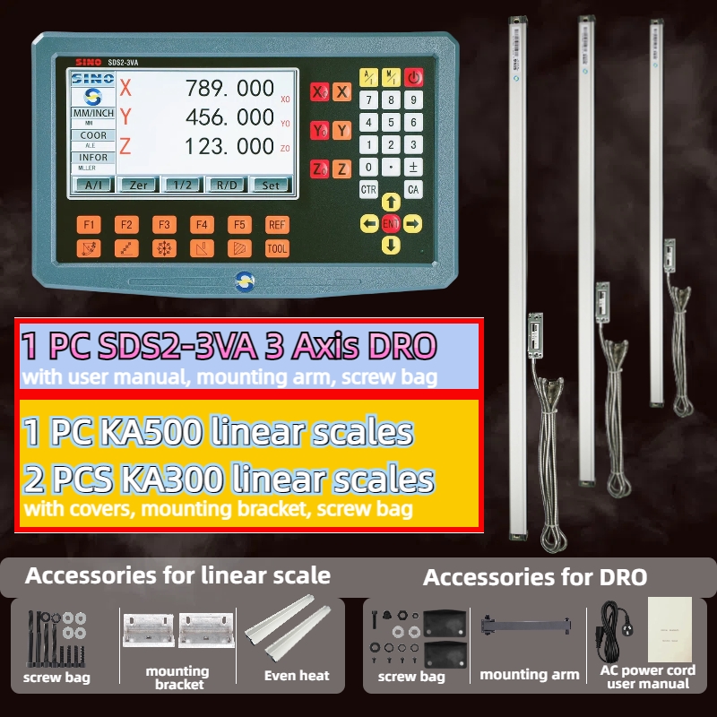 高精度3軸LCD DROセットデジタル表示と3個の0-1000mm 5μmリニアスケールエンコーダセンサー（フライス盤旋盤用）