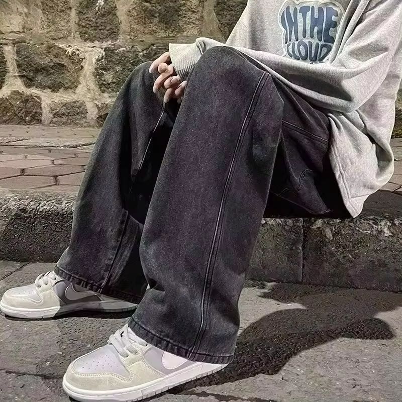 2025 新ストリートルーズジーンズ男性韓国スタイルのファッションルーズストレートワイドレッグパンツメンズブランド服ブラックライトブルー
