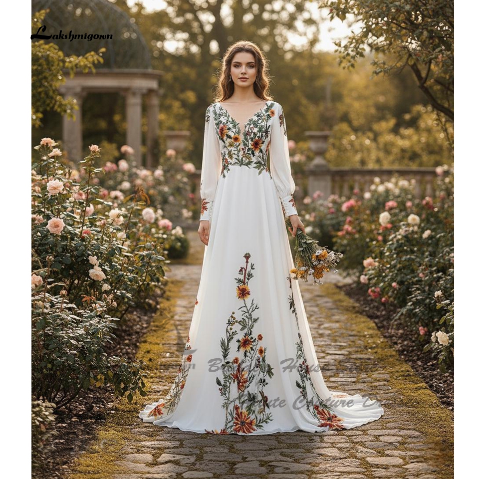 Lakshmigown 花レースボヘミアン花嫁ドレス A ラインシフォン長袖ウェディングドレスコルセットビーチブライダルドレス 2026 カスタマイズ