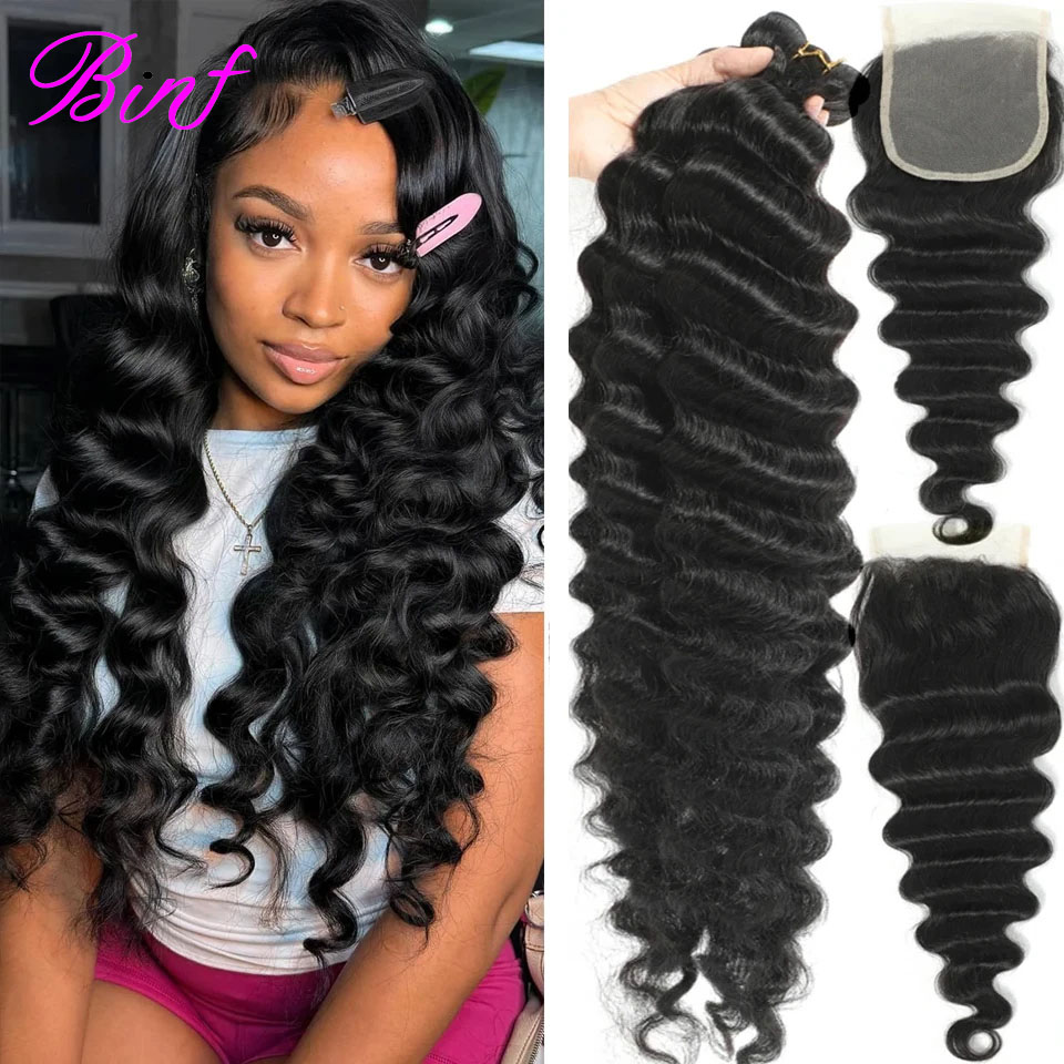 BINF Loose Deep Wave Human Hair Bundles With HD Lace Closure Frontal Raw Virgin Hair 3/4 Bundles With Transparent Closure Hair