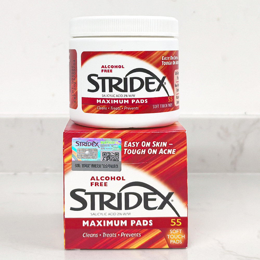 Stridex 最大強度アルコールフリーニキビパッド、ソフトタッチパッド 55 枚、ニキビと戦う