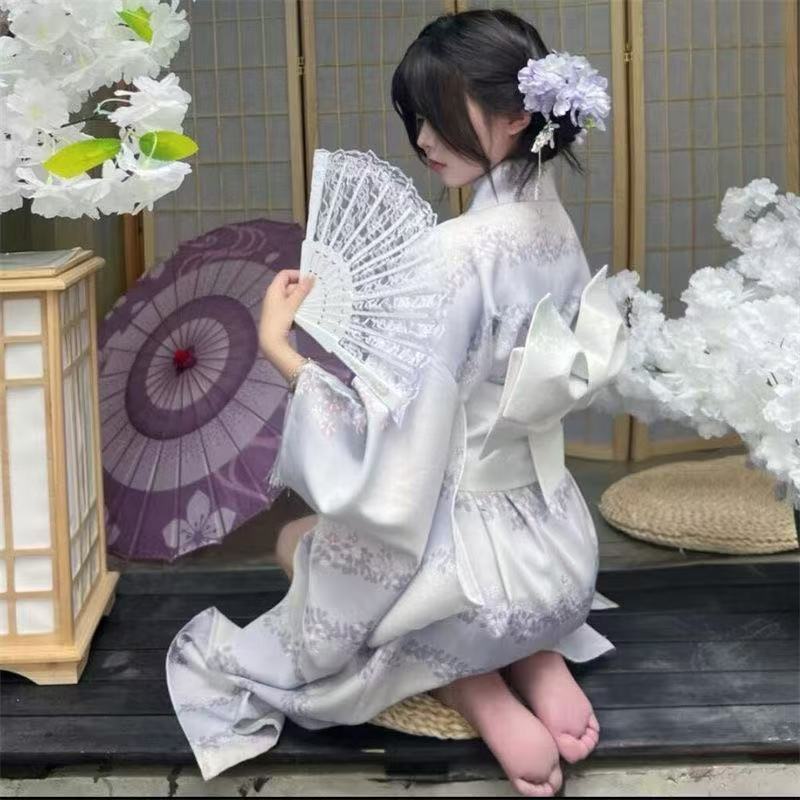 エレガントな白い着物女性の伝統的な和服シンプルな印刷ローブ帯 2 個セットアジアン スタイルの衣装女性着物
