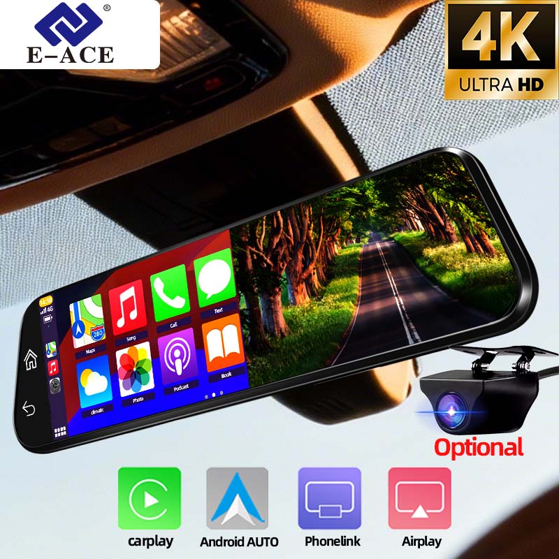 9.66" DashCam 4K 3840*2160P Car Dvr Carplay Android Auto GPS WIFI AUX BT FM Stream Optional1080P RearView Mirror Drive Recorder