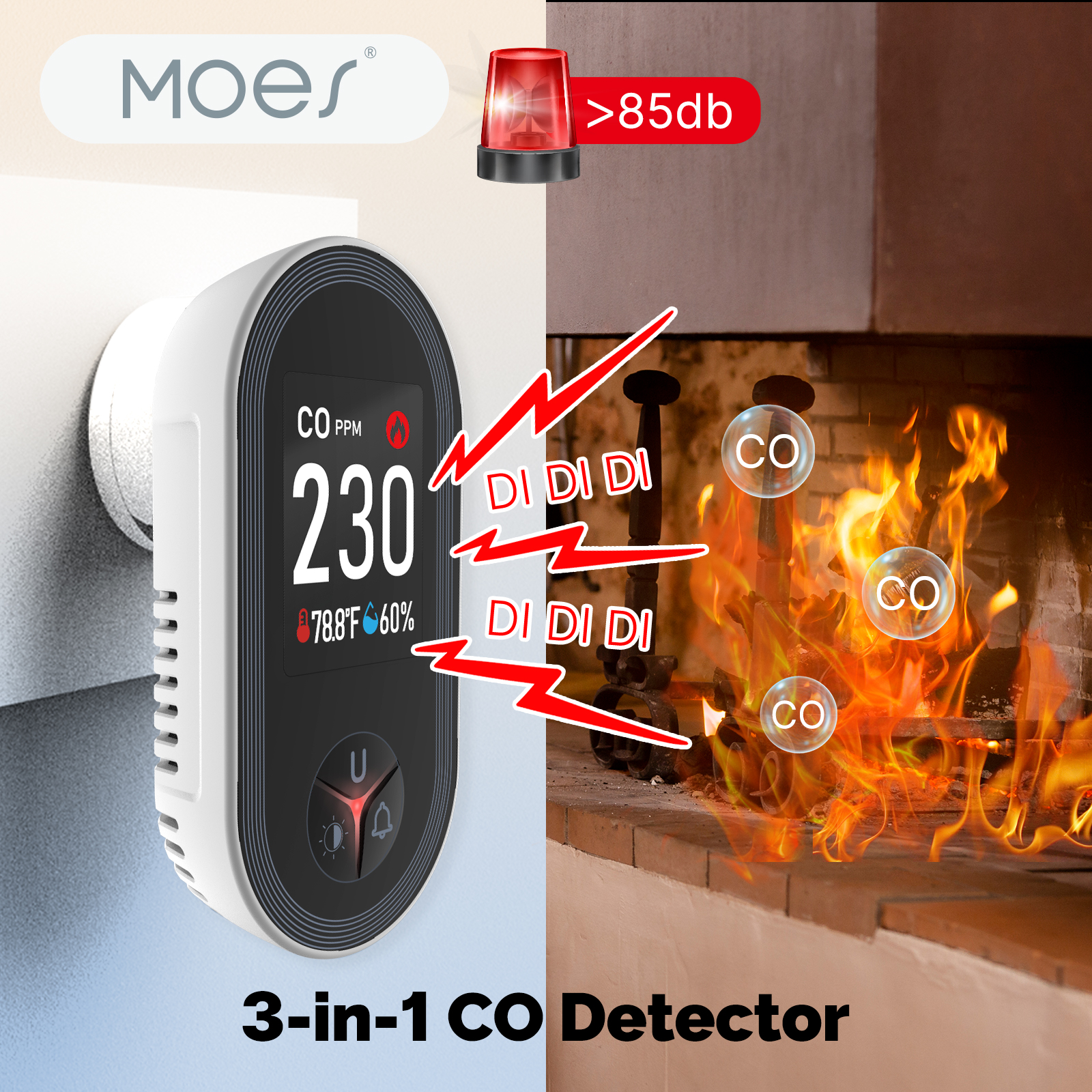 MOES 3in1 Carbon Monoxide Detector Plug-in Display with Temperature Humidity Sensor Built-in CO Monitor Alarm Sound Warning