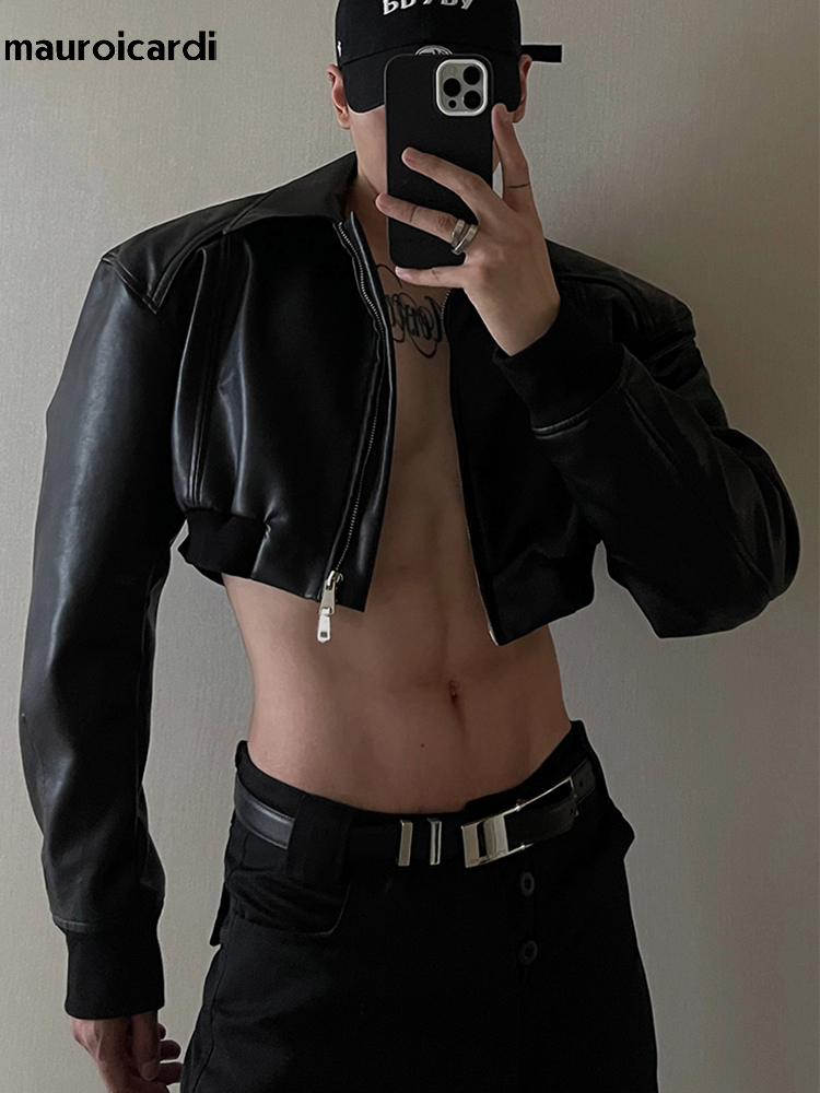Mauroicardi 春秋のクロップ Pu レザージャケット男性長袖ジッパー高級デザイナー服滑走路ヨーロッパのファッション 2023