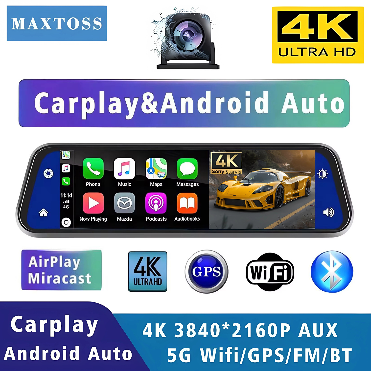 10 インチ 4K 2160P 車 Dvr Carplay Android 自動ダッシュカム GPS WIFI BT FM ストリームリアビューミラーダッシュカム Dvr カメラドライブレコード