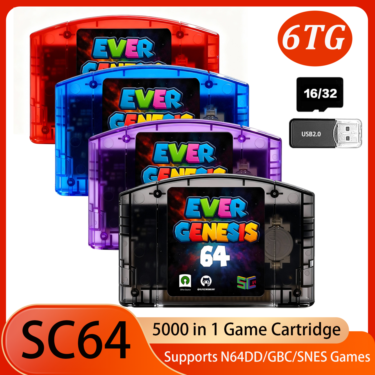 SC64 5000 で 1 N64 ゲームカートリッジオープンソースフラッシュカード 16 ギガバイト/32 ギガバイト無料 TF カード任天堂 64 サポート N64DD/SNES/GBC ゲーム