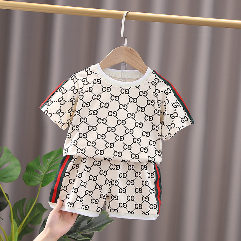 Fashion Beach Style Summer Short Sleeve POLO Shirt+Shorts 2pcs Cotton Print Casual Boy Clothing Set