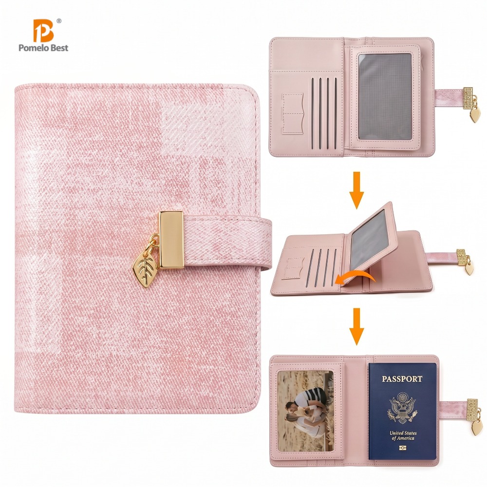 RFID ブロッキングピンクチェック柄パスポートカバー女性 Pu レザー財布カードスロット SIM 航空券盗難防止トラベルドキュメントポーチ