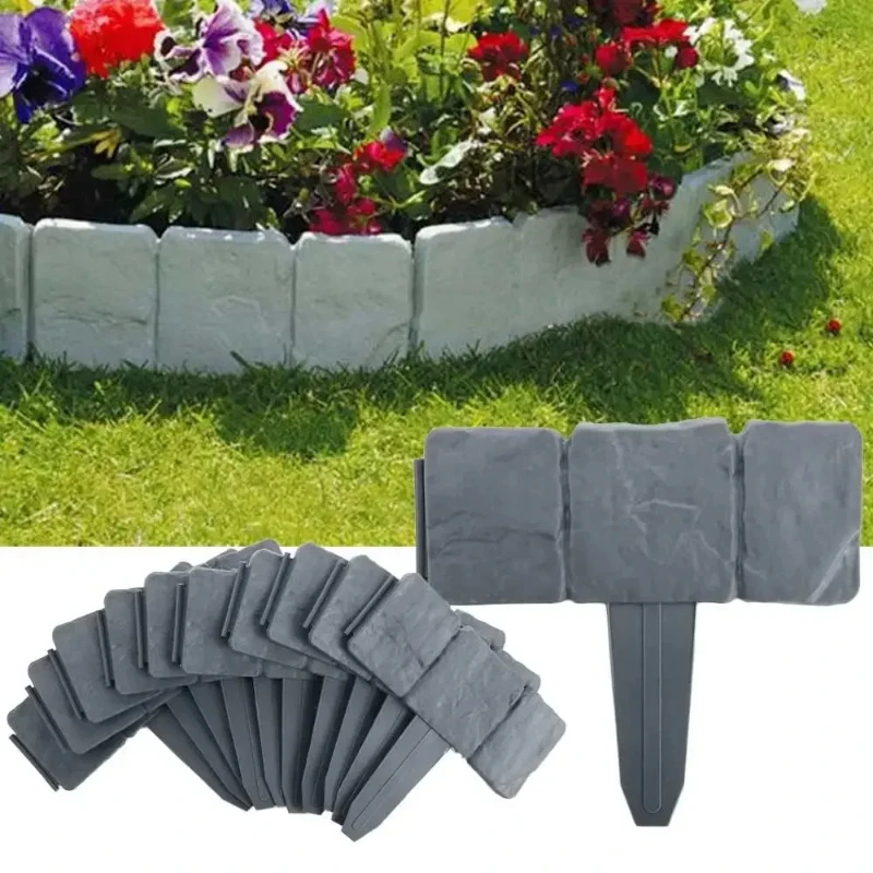 10pcs Plastic Folding Fence Imitation Stone Garden Barrier Outdoor Lawn Decoration Easy Assembly Durable Splicing Fence for Yard