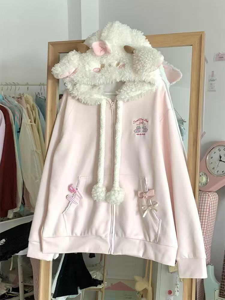 日本のかわいいフェイクファーフードセーター長袖 Y2k かわいいイチゴプリント女性カジュアルスイートスタイル漫画パーカー秋トップ