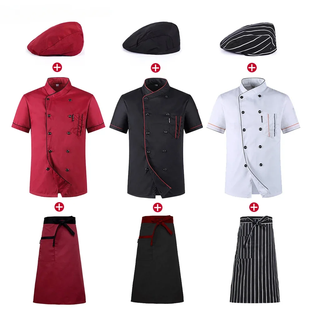新しい夏半袖シェフジャケット帽子エプロンセットユニセックスクッカーケータリング制服レストランホテルキッチン作業服