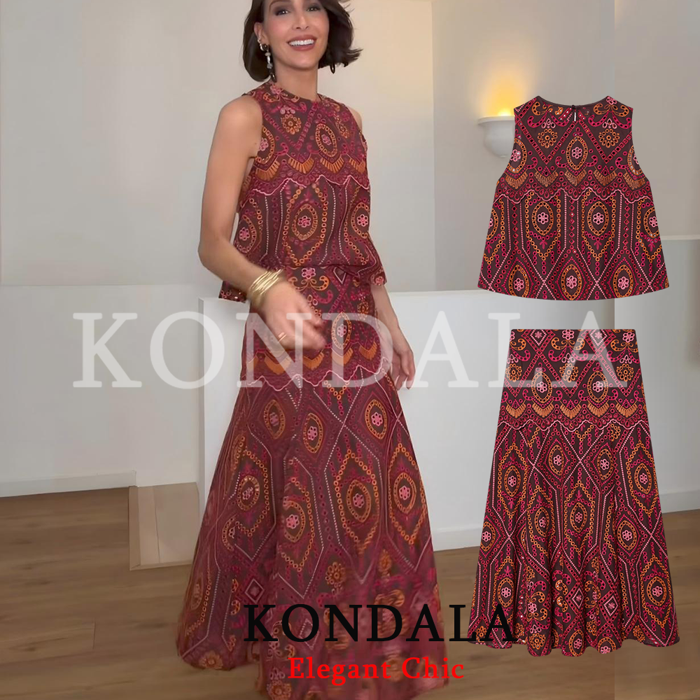KONDALA 女性ホリデートレンディな中空アウト刺繍スカートセット O ネックベストトップロングスカート新ファッション 2026 春夏ビーチセット