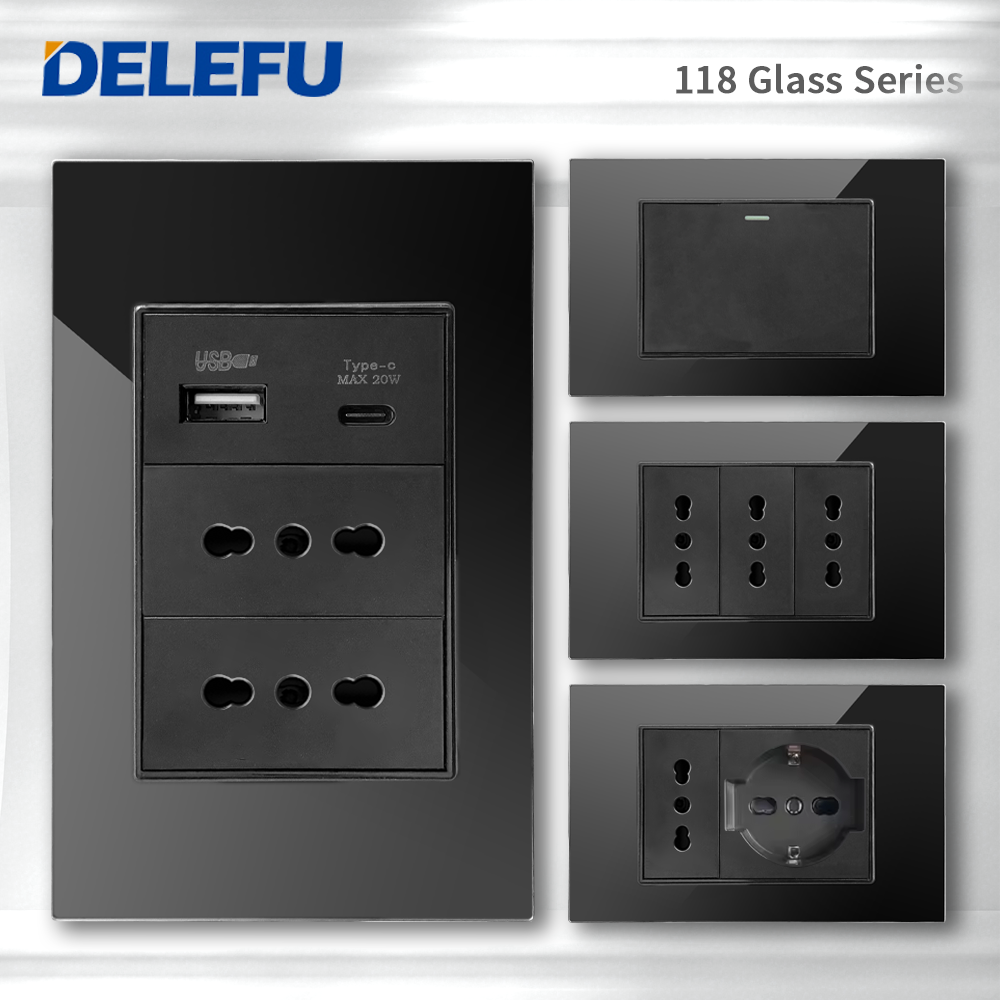 DELEFU 黒強化ガラス イタリア USB TypeC 急速充電壁ソケット Schuko スイッチ Sat TV Tel ドアベル チリ