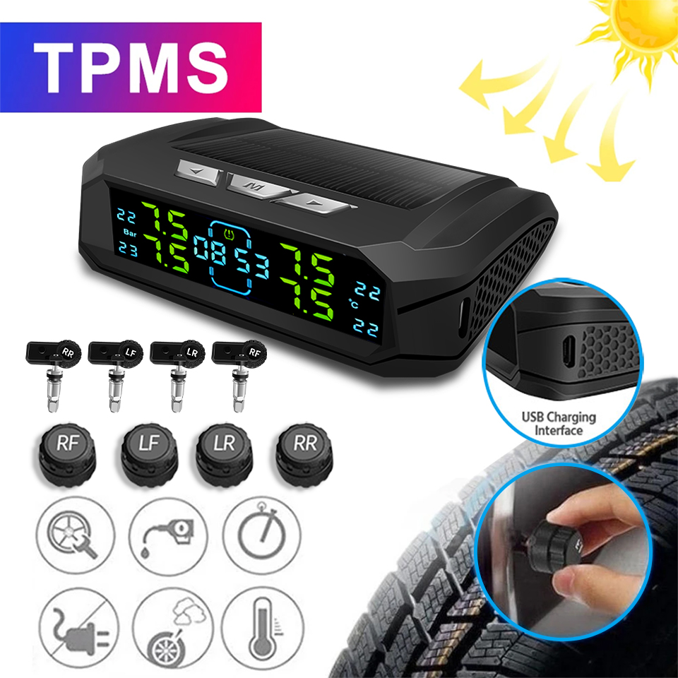 Car Sensor TPMS Built-in External 8Bar Tire Pressure Monitoring System Car Universal Electronic Clock LCD Display