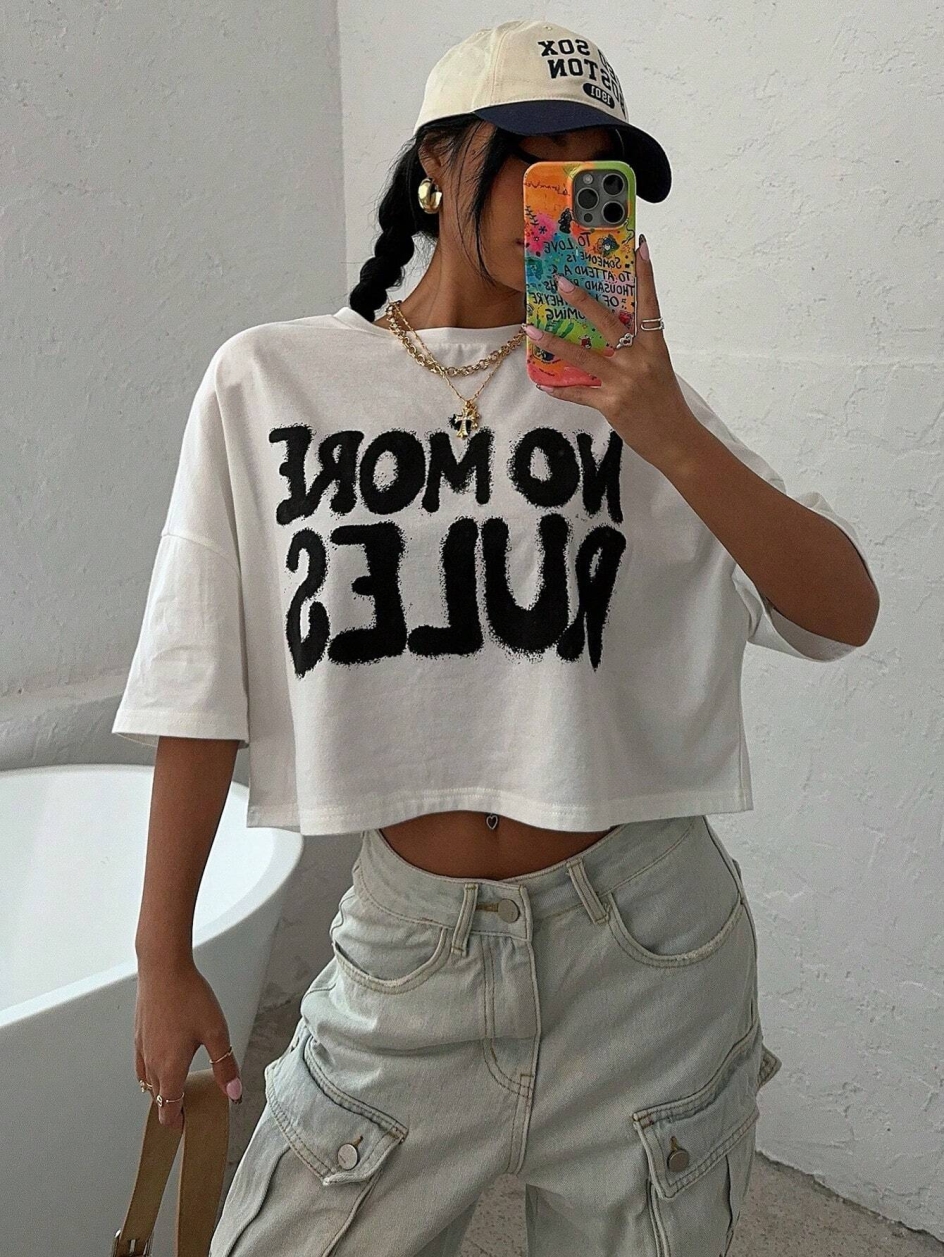 綿 100% 女性の作物 Tシャツもうルールレタープリントトップス O ネック半袖 Tシャツ夏のファッションストリート女性服