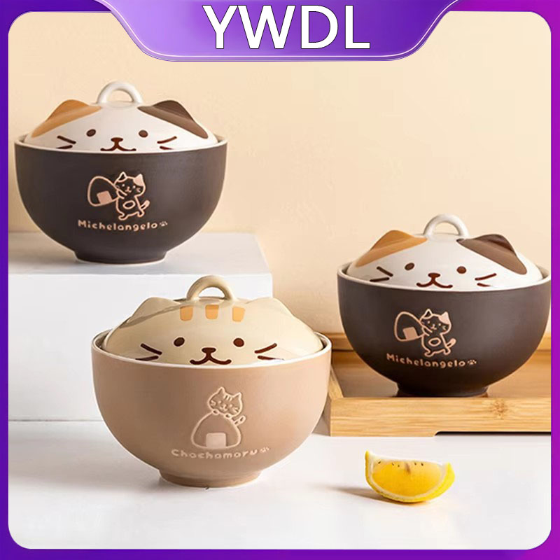 YWDL 550 ミリリットル漫画猫セラミックインスタントラーメンボウル蓋付き下釉色スープサラダボウルキッチンオフィス学生弁当箱