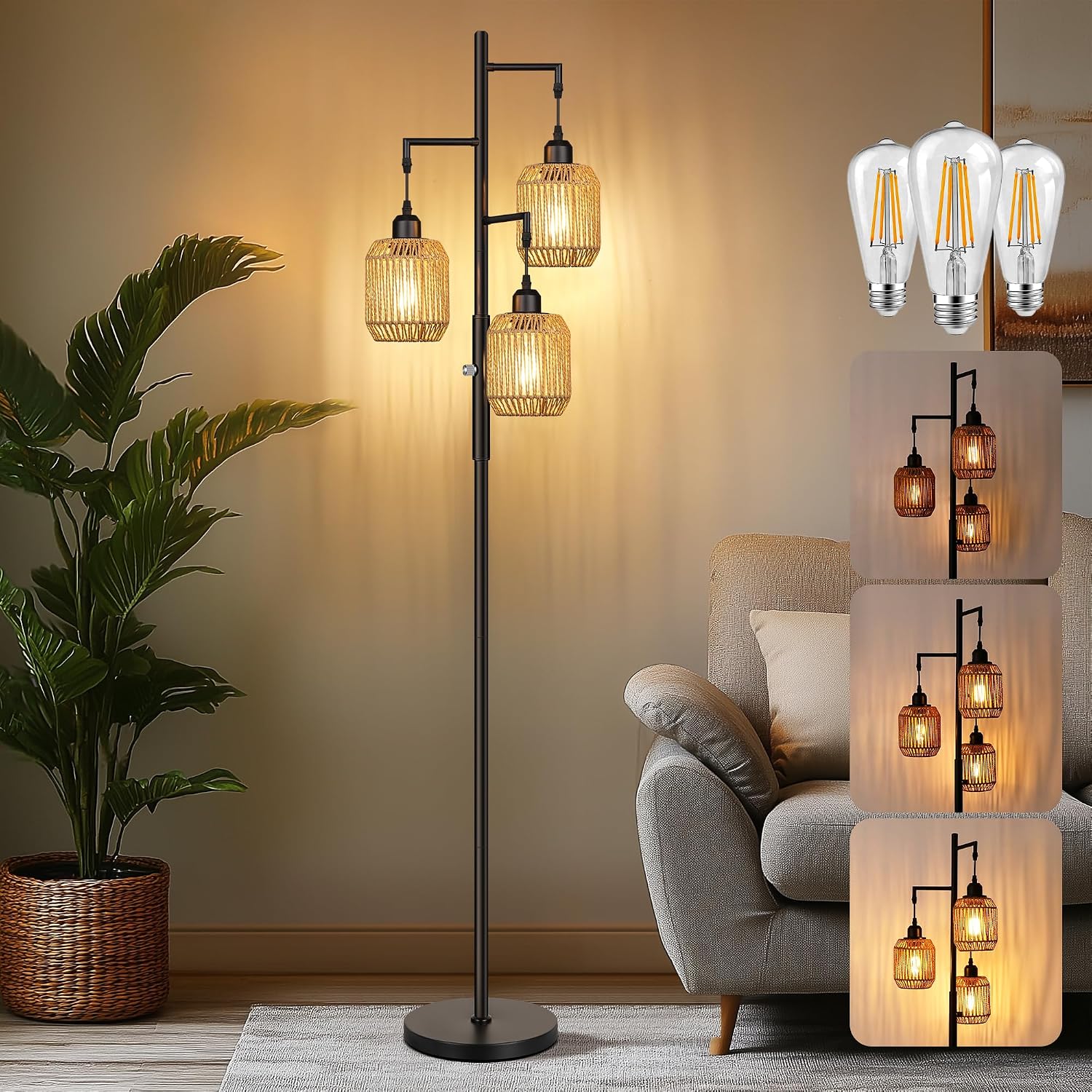 調光可能なボヘミアンフロアランプ - リビングルーム用3ライトラタンファームハウスランプ、3x6W LED電球付きインダストリアルツリーランプ、寝室、オフィス用の素朴な立ち背の高いランプ、68インチ、ブラック