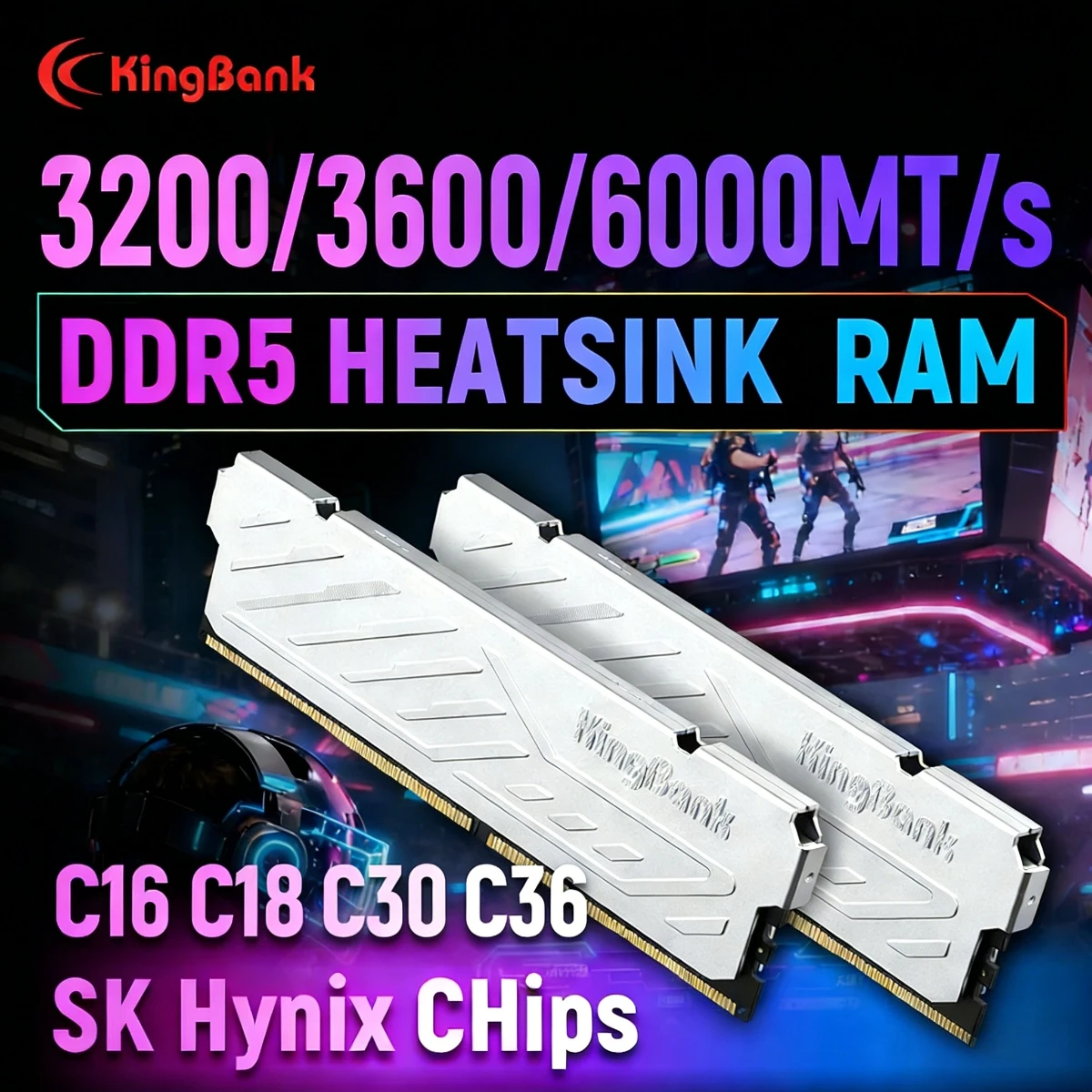 KingBank シルバーオリジナルヒートシンク KJXSシリーズ DDR5 RAM 8GB/8GBx2/16GB/16GBx2 6000MHz デュアルチャネルキット 高速コンピュータメモリ
