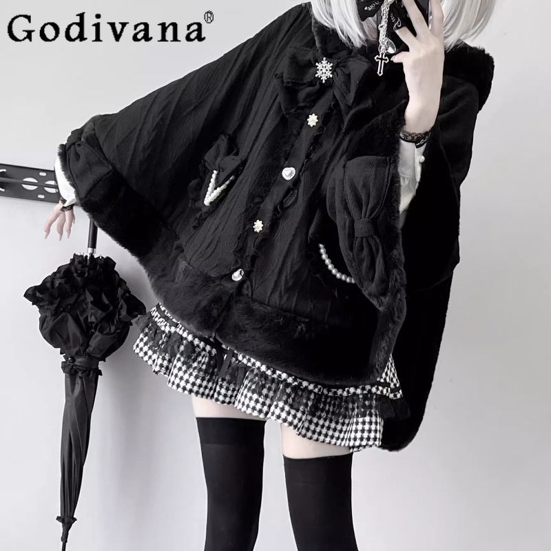 オリジナルサブカルチャーゴシック黒フード付きマント秋冬女の子甘い弓シングルブレストショートジャケット女性ロリータ Y2K ケープ