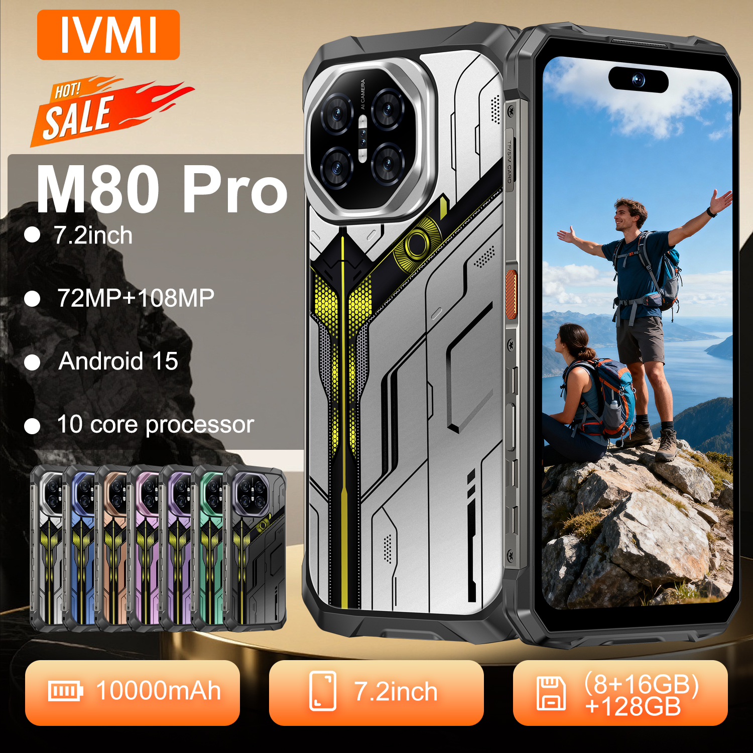 IVMI グローバル耐久性のある M80 プロ頑丈なスマートフォン 24 ギガバイト 128 ギガバイト RAM 7.2 インチ Android 15 108MP カメラ 10000mAh 防水携帯電話