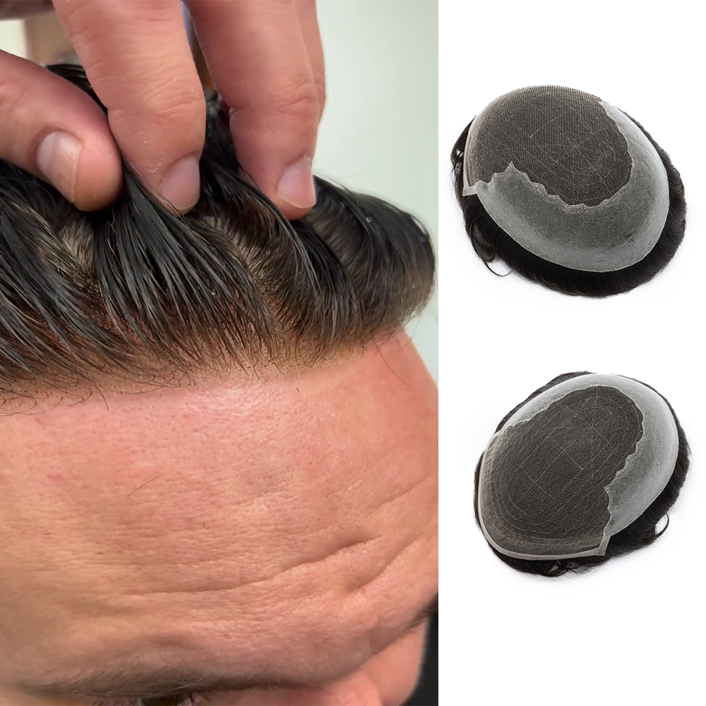 Q6 レースベースかつら男性用スイスレースフロント Pu ナチュラルヘアライン男性かつら人毛プロテーゼ交換システムユニット
