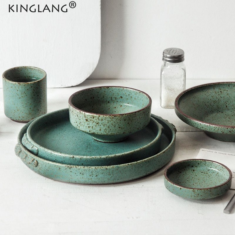KINGLANG 日本のグリーンカラーディナーセットレトロ手作りセラミックプレートレストラン食器セットラウンドプレートライスサラダボウル