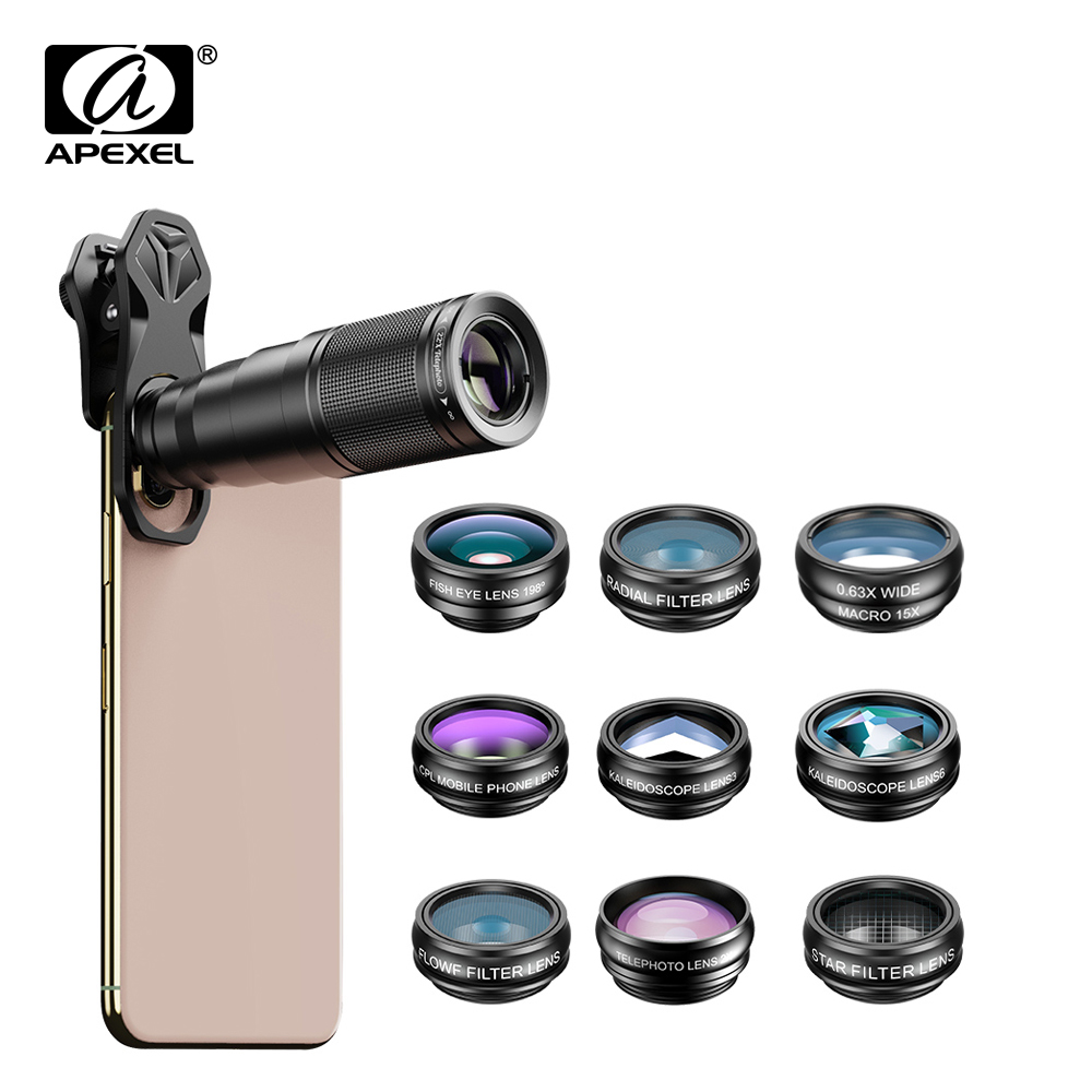 APEXEL 10 in 1 携帯電話レンズ望遠魚眼レンズ広角マクロレンズ CPL/フロー/ラジアル/スターフィルターすべてのスマートフォン用