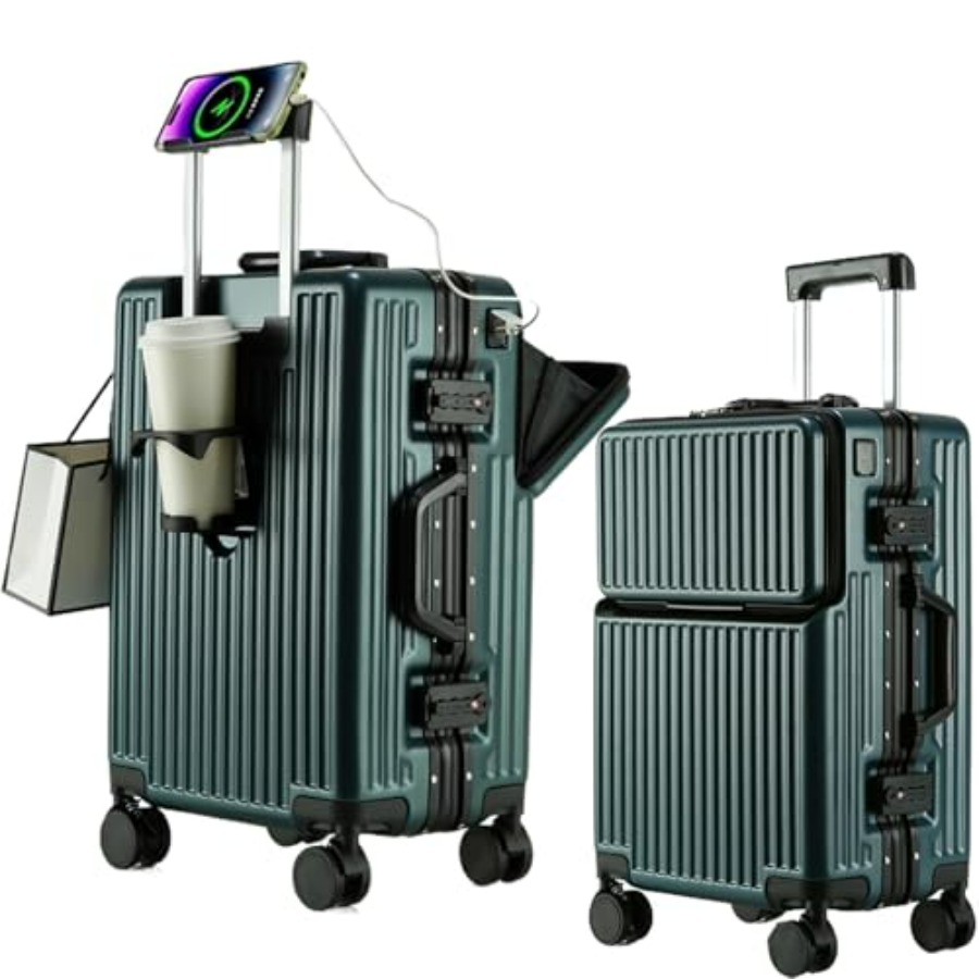ハードシェルジッパーレス荷物2点セット、20/26インチアルミフレームハードシェルスピナー荷物、航空会社承認の機内持ち込み手荷物、T