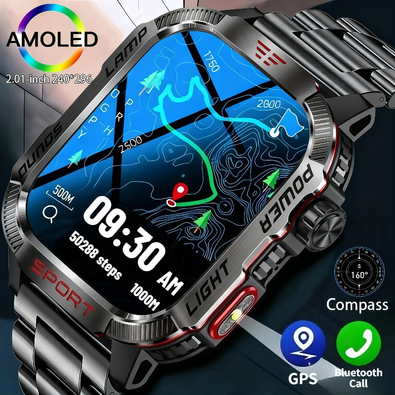 2026 ミリタリー GPS スマートウォッチマネーディテクタライトコンパス防水アウトドアスポーツトラッカー Bluetooth 通話時計懐中電灯付き
