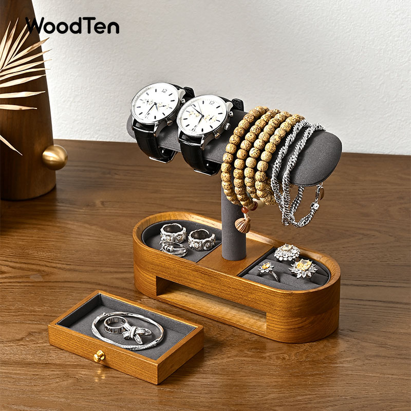 WoodTen 無垢材時計ディスプレイスタンドベース時計ネックレスブレスレットオーガナイザーラックバングルシュシュヘッドバンドショーケーススタンド