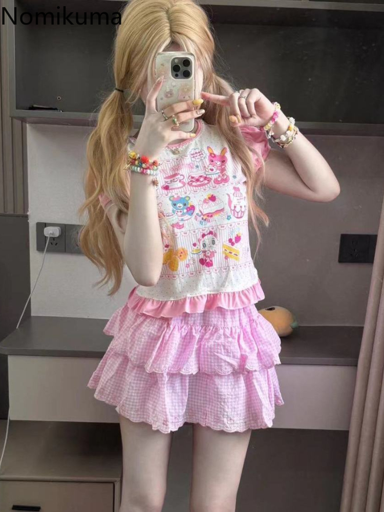 和服ツーピースセットスカート衣装アニメ半袖 Tシャツ刺繍ミニスカートスーツシックな甘い夏 Y2k セット