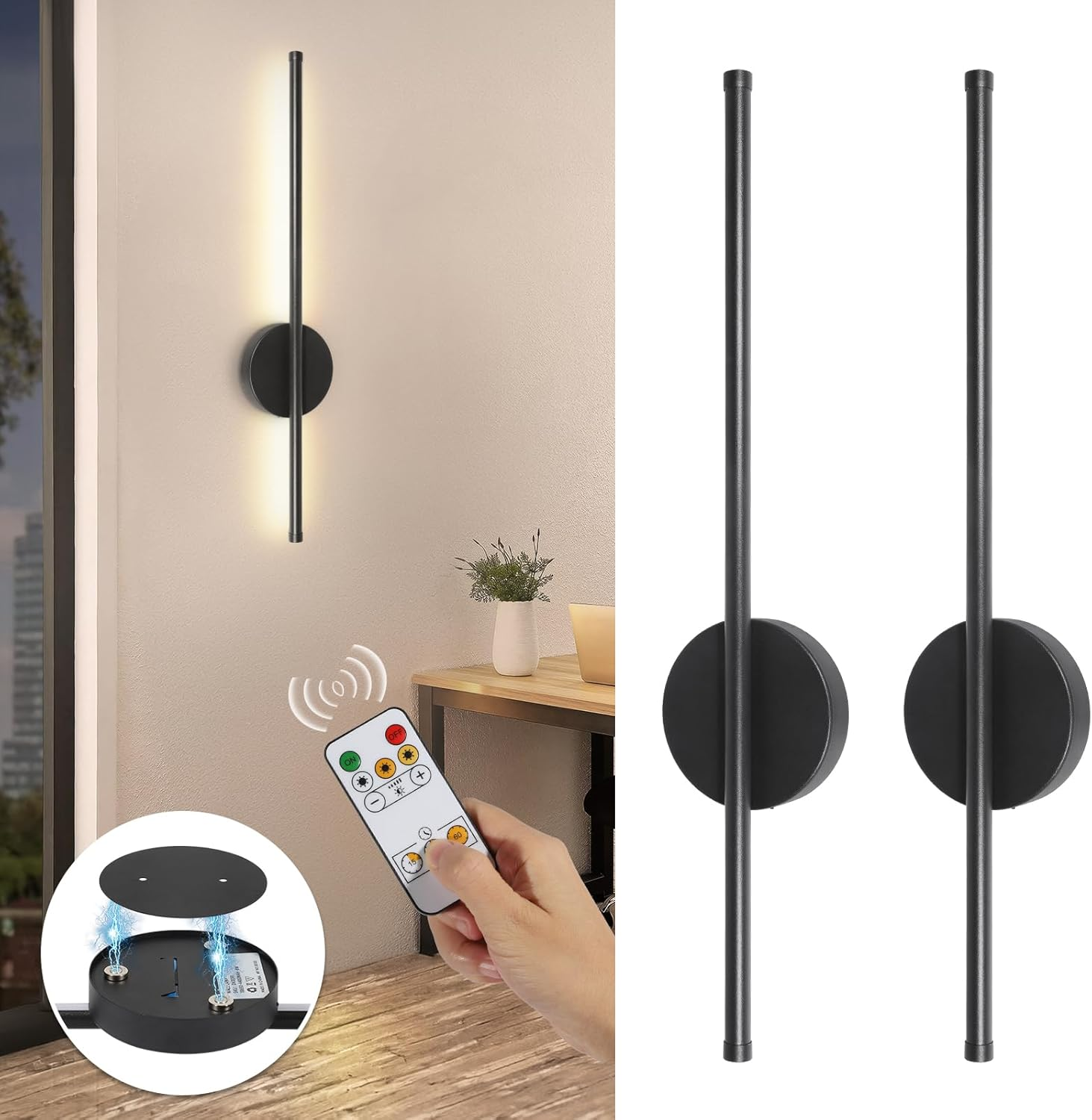 2 個電池式壁取り付け用燭台ワイヤレス充電式ランプブラックリモコン付き調光可能なコードレスウォールライト装飾部屋