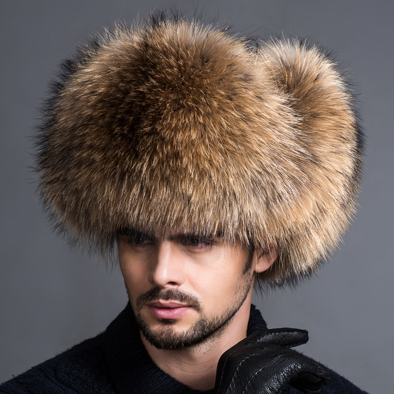 Men's Russian Trapper Ushanka Hat Winter with Raccoon Fur Trim Solid Pattern Windproof 100% Wool