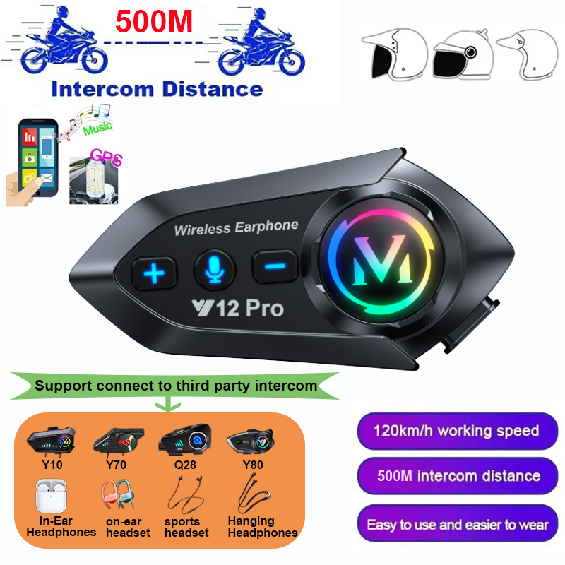 Y12 プロオートバイヘルメットインターホン Bluetooth 5.4 ヘッドセット防水 500 メートル Intercomunicador スピーカーワイヤレスハンズフリーインターホン