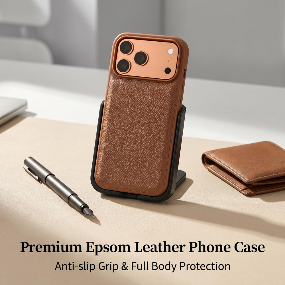 ハイエンドビジネスエプソンパームグレインPUレザーケースiPhone 18/17/16/15/14プロマックススリム耐衝撃プレミアムテクスチャカバー