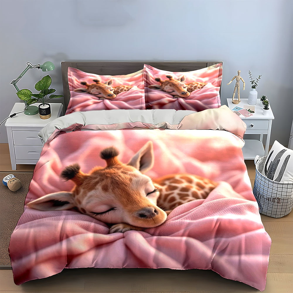 かわいい睡眠赤ちゃんキリン寝具セット、ピンクフランネルブランケット新生児アニマルプリントソフトマイクロファイバー 3PC 幼児の赤ちゃん女の子の部屋用