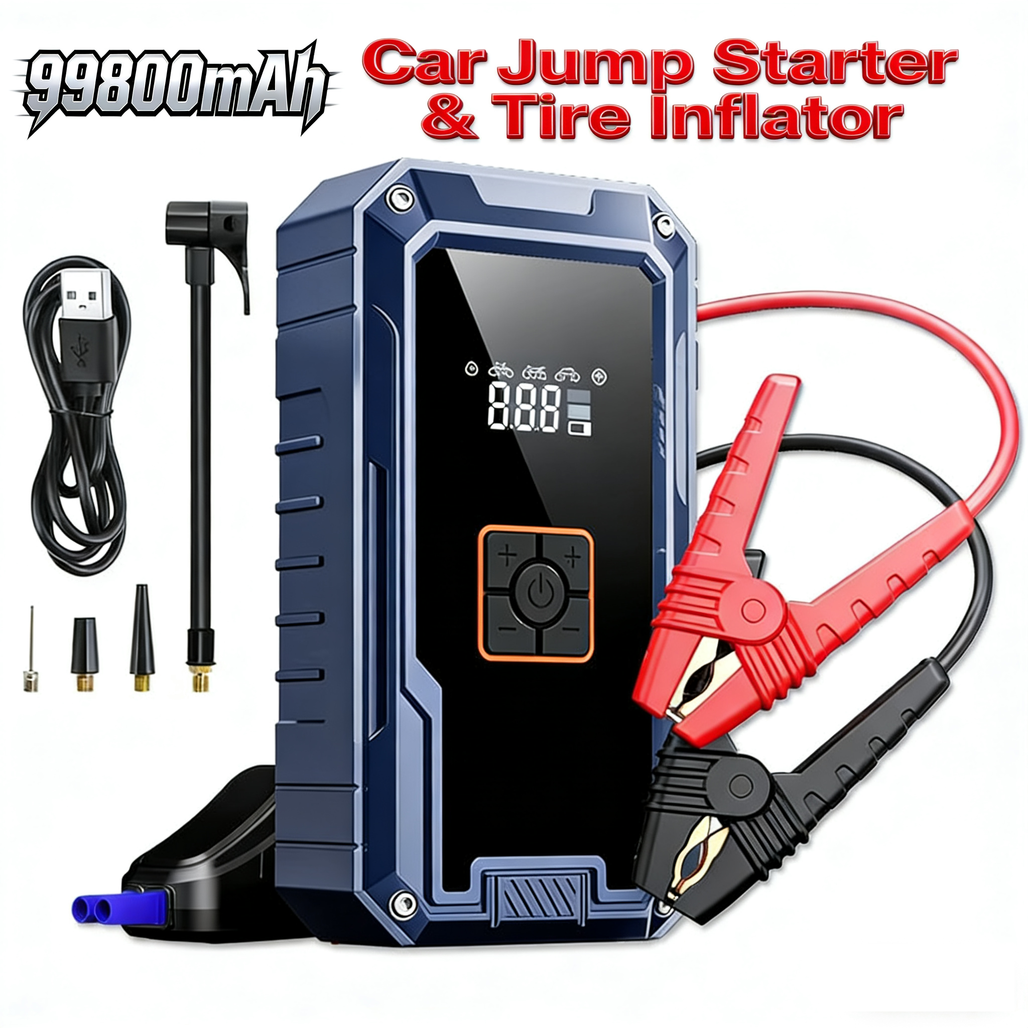車用ジャンプスターター エアコンプレッサー付き 2000A ピーク 99800mAh ポータブル 12V 自動バッテリーブースター LCD ディスプレイ付き 緊急 LED