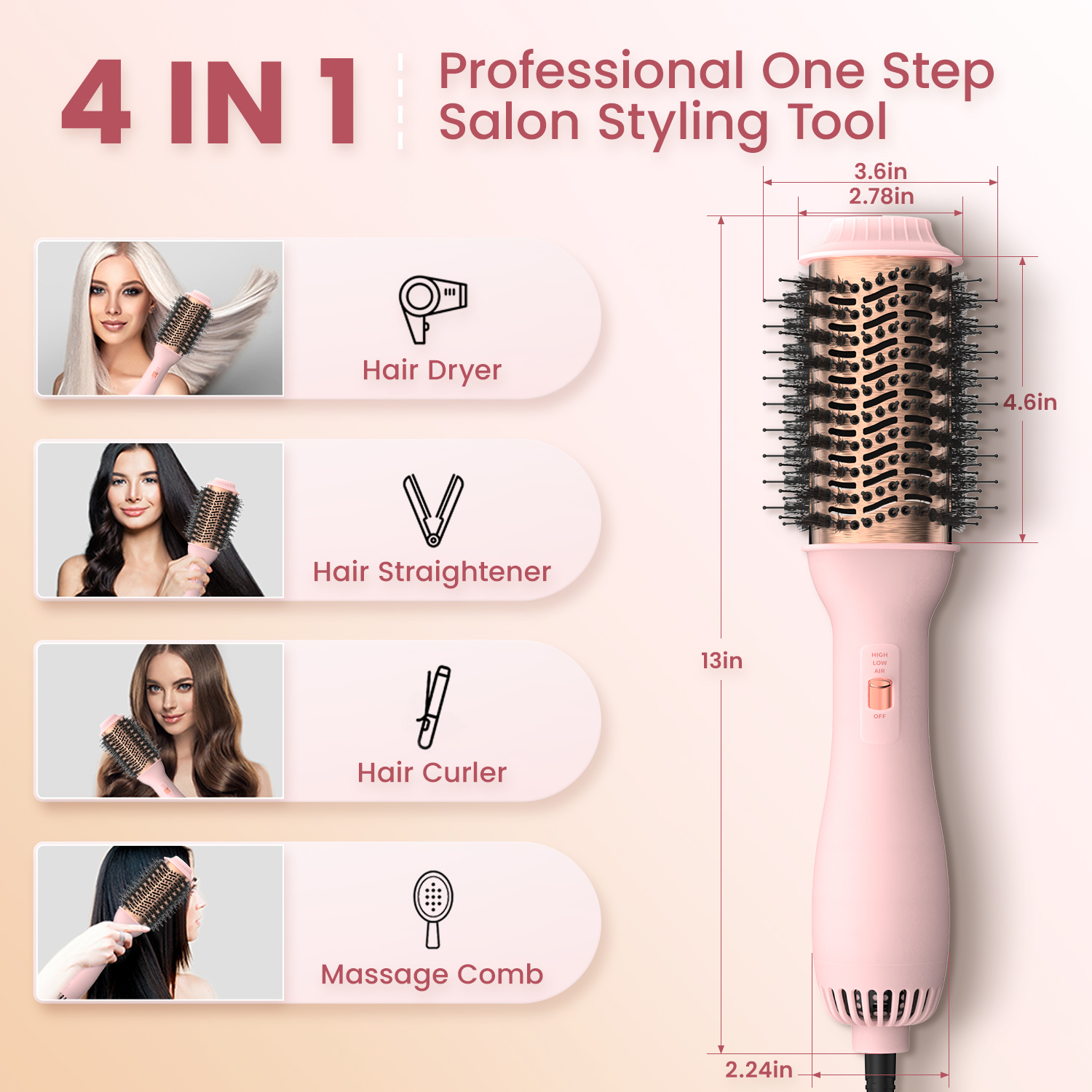 LISARPO プロフェッショナルブローアウトヘアドライヤーブラシドライヤーとボリュームアップ熱風ブラシ女性用ヘアアイロンスタイラー電気ブラシ
