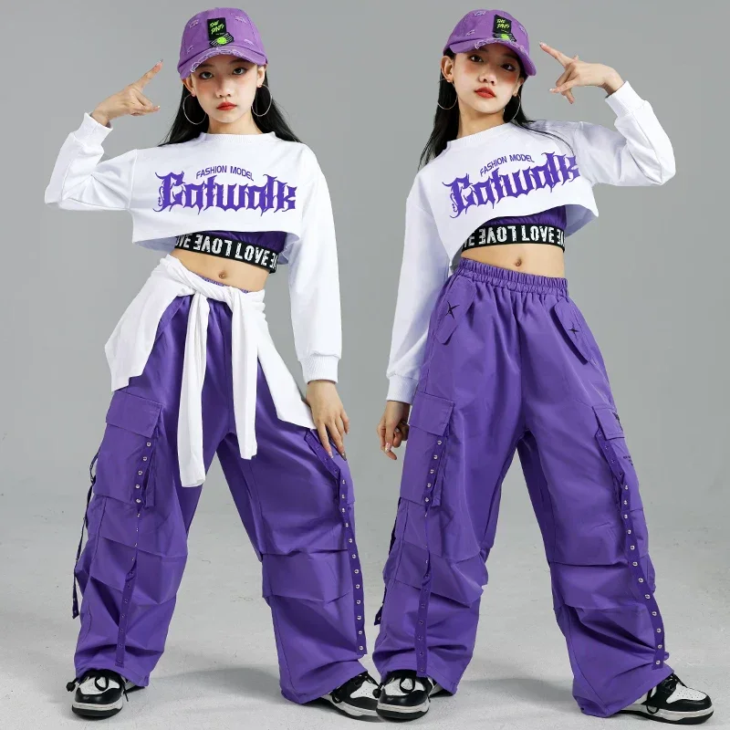 Children Street Dance Outfits Kids Streetwear Group Jazz Clothes Sets Hip Hop Girls Fashion K-pop Crop Top Purple Cargo Pants