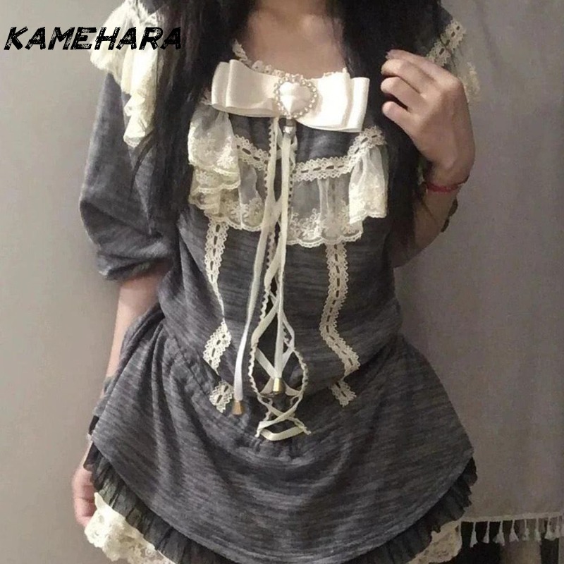 KAMEHARA 日本 Y2k プレッピースタイルフレンチツーピースリボンレース菌パネルセットシャツレトロショートスリムドレス原宿 2 個