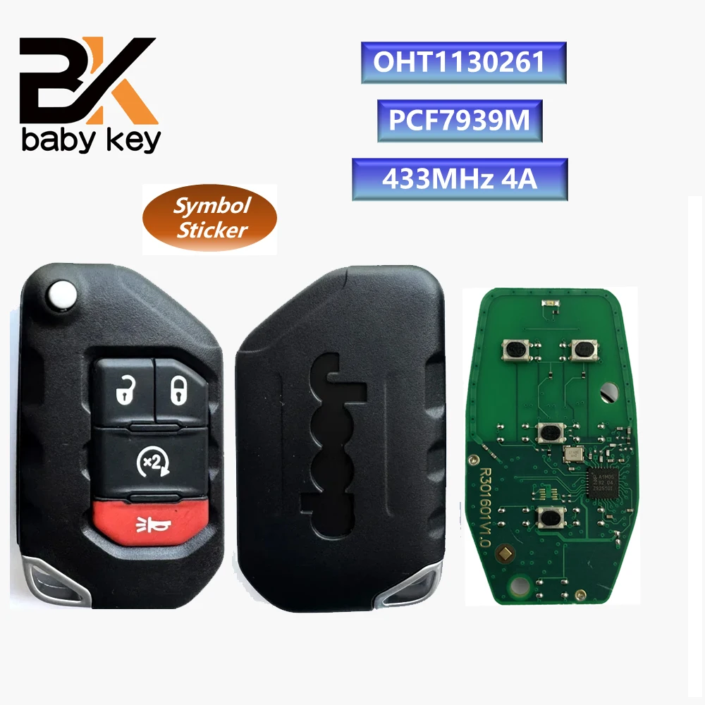 BB キージープラングラー 2018 2019 433MHz PCF7939M 4A チップ FCC ID: OHT1130261 フリップ折りたたみスマートリモート車のキー