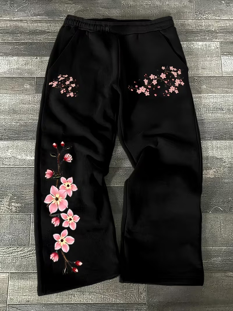 メンズパンツ、日本の桜3Dプリントワイドレッグパンツ、カジュアルストレッチウエストドローストリングパンツサマービーチレディースパンツ