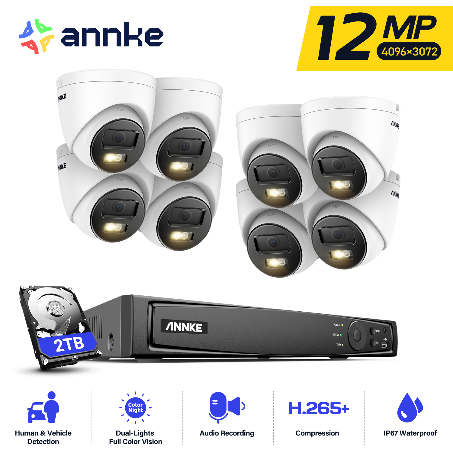 ANNKE 12MP スマートデュアルライトカメラキットセキュリティカム 8CH NVR 8 個 POE カメラ屋外 CCTV ビデオ監視保護カメラ