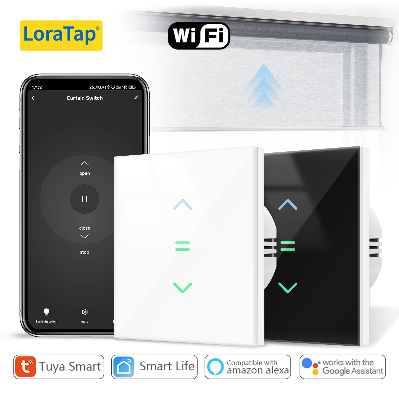 LoraTap WiFi カーテン ブラインド ローラー シャッター スイッチ バックライト Tuya スマート ライフ アプリ リモコン Google ホーム Alexa 音声