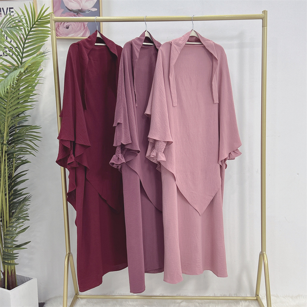 ヒジャビ アバヤ Khimar セット スモックカフ ルーズ アバヤ ドレス 2 層ヒジャブ スカーフ、イスラムの祈りの服ジルバブ ラマダン イスラム教徒の女性