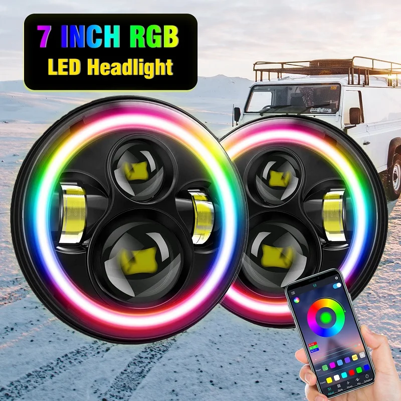 7 インチ LED RGB ラウンドヘッドライトアプリ制御ハローリングアンジェアイズプロジェクターヘッドランプハーレーダビッドソン/ダイナ/スポーツスター XL 883/1200
