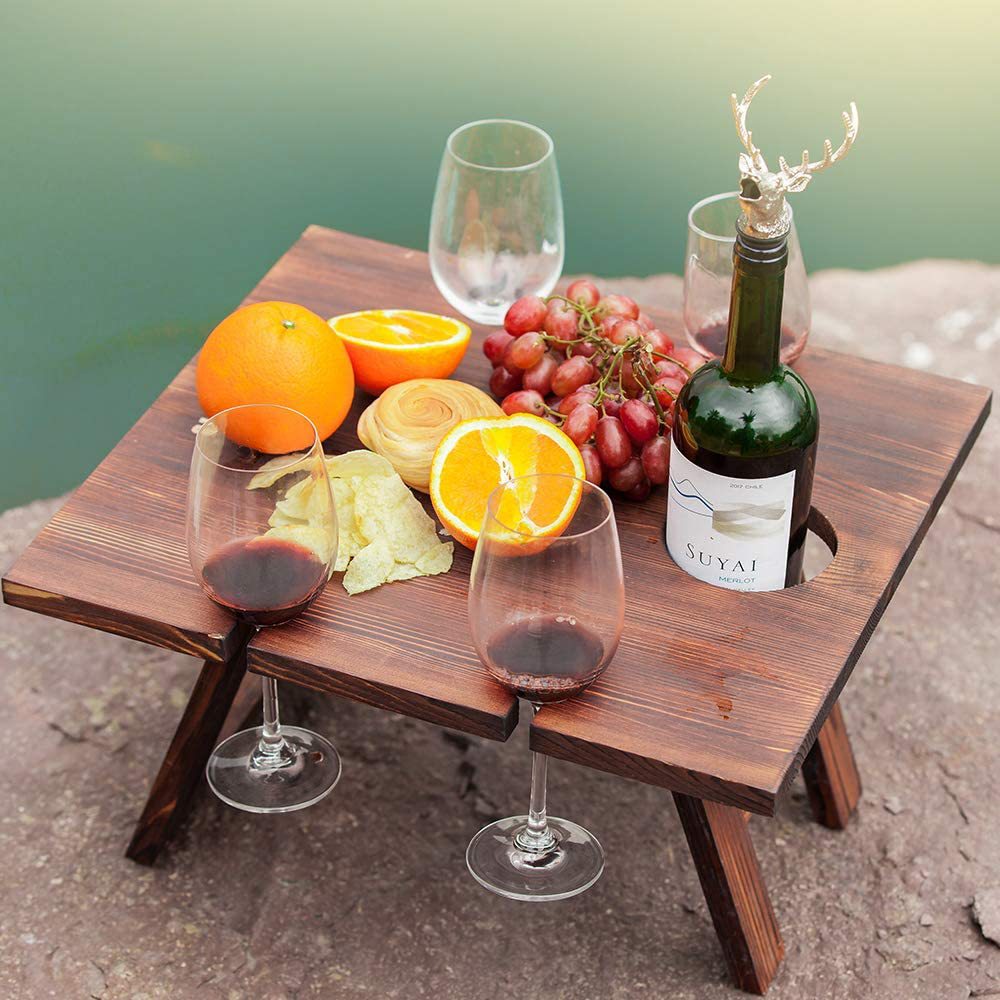 Outdoor Portable Wooden Folding Table Wine Rack Table For Camping Picnic Travel Foldable Fruit Table Wine Glass Holder
